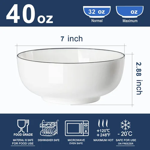 Vista 2 de Houlu Tazones de sopa de 40 onzas, cuencos de cereales, cuencos Pho, cuencos de ensalada, cuencos de porcelana blanca hueso, juego de 4, 7 pulgadas