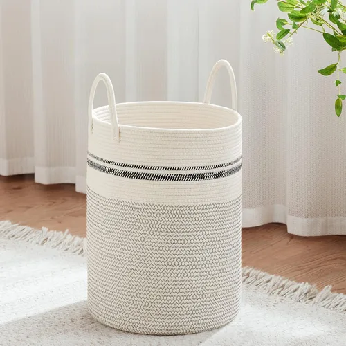 Vista 24 de VIPOSCO Cesta de lavandería tejida pequeña de 30L, color marrón y blanco