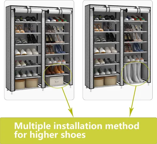 Vista 6 de JIUYOTREE Zapatero organizador de 7 niveles con cubierta a prueba de polvo, estante de armario con capacidad para hasta 28 pares para puerta, Gris