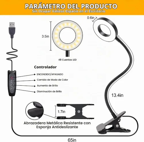 Vista 7 de Foneso Lámpara de escritorio con clip, luz de 48 LED, USB, con 3 modos de color, 10 niveles de brillo, protección ocular, cuello de ganso flexible