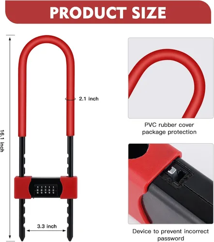 Vista 4 de U-Lock - Bloqueo en U extra largo de código de cinco dígitos - Cerradura de combinación de grillete largo - Cerradura de bicicleta con grillete