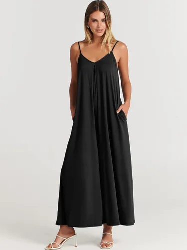 Vista 2 de ANRABESS Overol casual de verano para mujer, con tirantes delgados, cuello en V, pierna ancha, bolsillos, para la playa y viajes