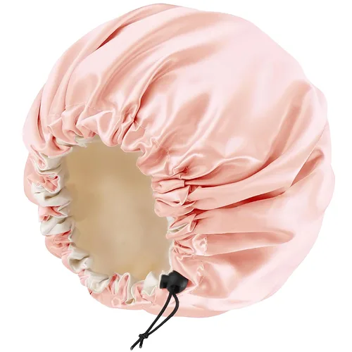 Vista 29 de Gorro de seda de satén para cabello rizado, gorro trenzado para dormir, para mujer, grande, doble capa ajustable (2 unidades, negro) Double Layer