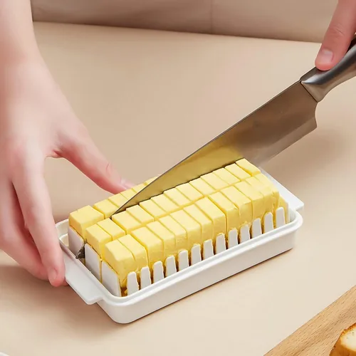 Vista 4 de Mantequillera con tapa, recipiente de mantequilla transparente para refrigerador y encimera, caja de corte de mantequilla, bandeja de mantequilla
