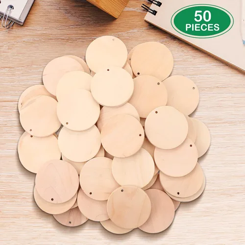 Vista 2 de 50 piezas de 2 pulgadas de madera natural sin terminar círculos de madera redondos planos con agujero para colgar para bricolaje, discos de madera