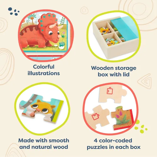 Vista 5 de B. toys Pack o' Puzzles Paquete de 2 - Mascotas y Dinos - Juego de cajas de rompecabezas de madera - 2 cajas, 8 juegos - 12 piezas - 3+ años 8