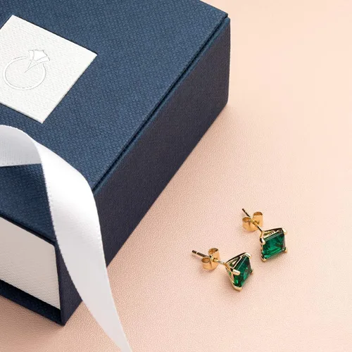 Vista 6 de Peora Aretes de tuerca de esmeralda de oro amarillo macizo de 14 quilates para mujer, solitario clásico, corte de princesa hipoalergénico, 0.236
