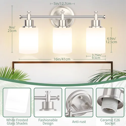 Vista 2 de Accesorio de lámpara de tocador de baño de 3 luces, lámpara compacta de níquel cepillado con pantallas de vidrio esmerilado blanco para espejo