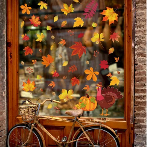 Vista 6 de 164 calcomanías de otoño para ventanas de vidrio, calcomanías de hojas de arce para ventana de otoño, decoración de otoño para Acción de Gracias