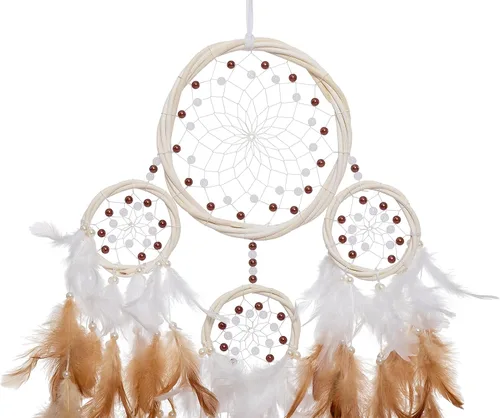 Vista 3 de Atrapasueños grandes de ratán, pluma de gallo marrón con perla de lujo, multianillo, atrapasueños hecho a mano para dormitorio, atrapasueños