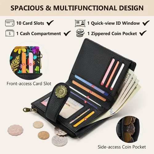 Vista 4 de Chelmon Cartera pequeña gótica para mujer, con bloqueo RFID, de piel sintética, plegable, para tarjetas de crédito, con ventana de identificación