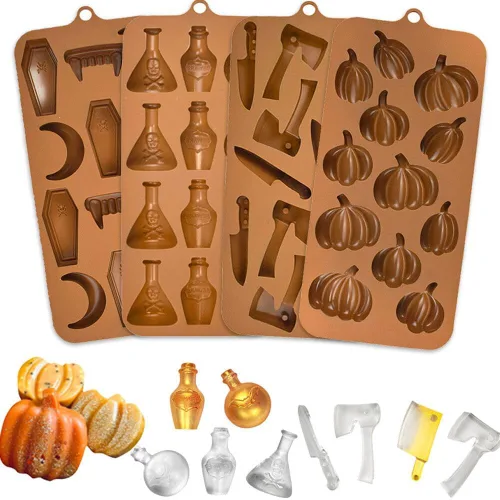 Vista 4 de Molde de silicona con forma de calavera de Halloween, murciélago, bruja, fantasma, bandeja de molde de calabaza, cabeza de calavera, gato