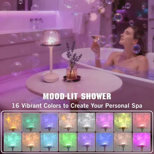 Vista 2 de Lámpara de ducha impermeable inalámbrica, lámpara de baño recargable con control remoto y control táctil, 16 colores cambiables de luz de proyector