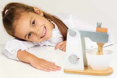 Vista 2 de Small Foot Wooden Toys - Mezclador de madera con parte superior móvil y cuenco agitador para cocinas de juego diseñado para niños a partir de 3