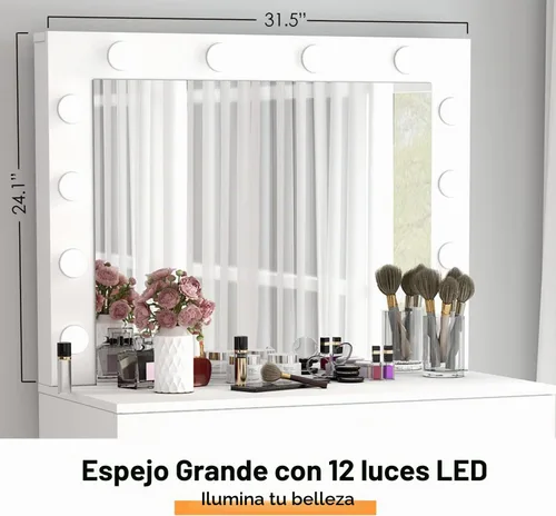 Vista 7 de Vabches Tocador de maquillaje con luces, Mesa tocador de maquillaje, Brillo ajustable, Cajón grande tocador resistente para dormitorio estudio
