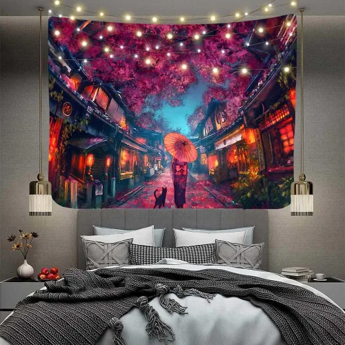 Vista 8 de Aidatain Tapiz de anime japonés antiguo japonés de paisaje de calle nocturna, tapiz de farol de flor de cerezo, tapiz grande de 80 x 60 pulgadas