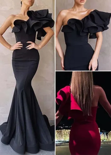 Vista 6 de Vestidos de noche de sirena con volantes de un hombro para mujer