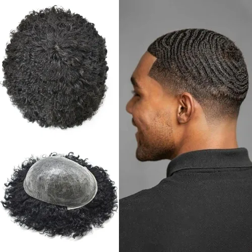 Vista 14 de Afro Toupee para hombres negros, 0.004 in de piel fina sistema de pelo PU para hombres, pieza de cabello humano Remy brasileño para hombres, rizado