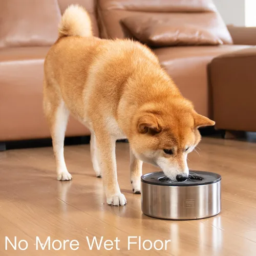 Vista 9 de Cuenco de agua antiderrames para perros, de acero inoxidable de doble pared con tapa a prueba de salpicaduras y disco flotante, base antideslizante