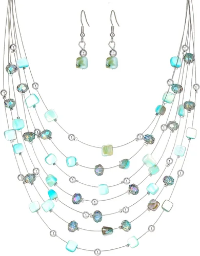 Vista 16 de Collar de cuentas de concha bohemia de varias capas para mujer, hebra de cristal colorida con cuentas plateadas, collares y aretes, disfraces