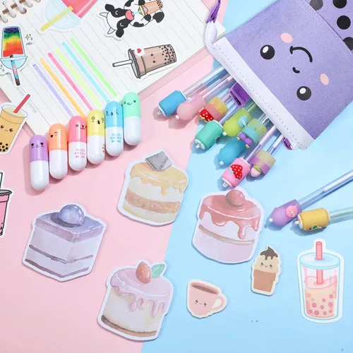 Vista 6 de Sabary Kawaii - Juego de papelería – Bolsa telescópica para lápices Boba, lápiz de tinta de gel, resaltador de píldoras de té de burbujas