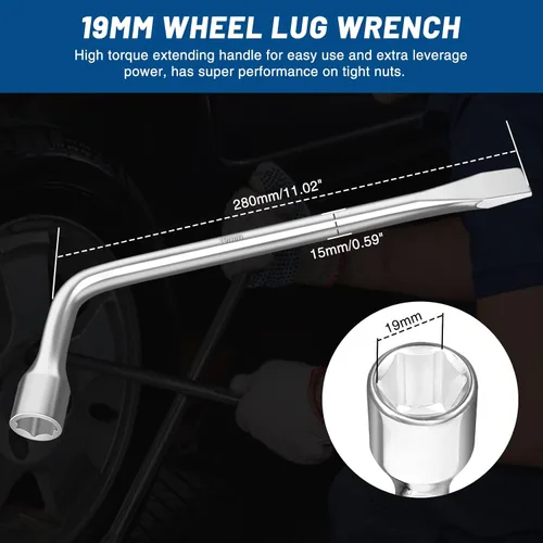 Vista 2 de Llave de tuerca de hierro para neumáticos de 19 mm: Llave de tuerca de lengüeta tipo L con casquillo hexagonal y barra de neumático, herramienta