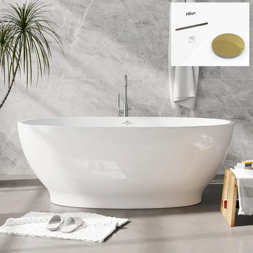 Vista 27 de FerdY Tahití - Bañera de acrílico independiente de 55 pulgadas, elegante bañera de remojo de forma ovalada, blanco brillante, drenaje dorado