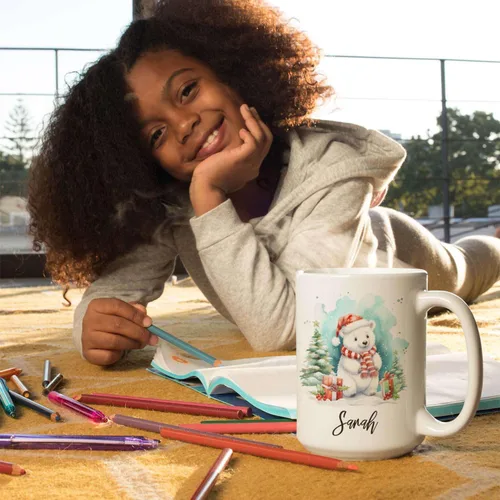 Vista 3 de Taza de regalo de invierno personalizada, taza de café con nombre personalizado con diseño de oso polar, taza de oso polar personalizada, regalo