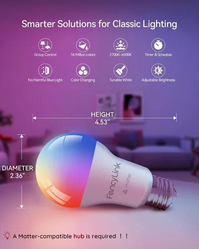 Vista 3 de Matter - Bombillas inteligentes, bombilla que cambia de color, requiere concentrador, A19 60W, WiFi de 2.4 GHz, compatible con Alexa Google