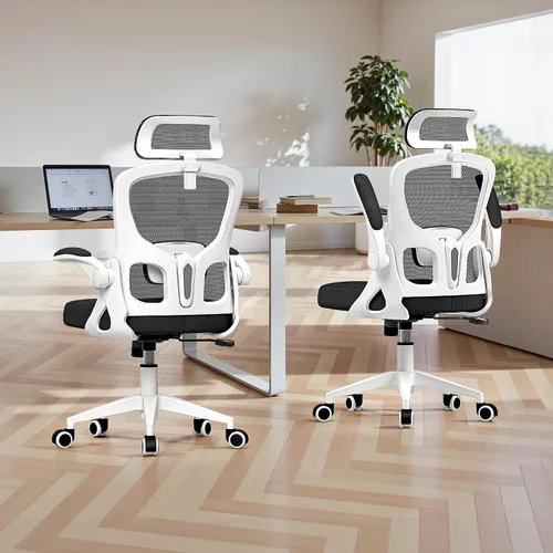 Vista 8 de Silla de oficina ergonómica, silla de escritorio de malla con reposacabezas ajustable y soporte lumbar, silla de computadora con ruedas con Blanco