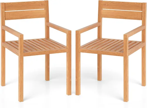 Vista 10 de Tangkula Silla de madera de teca para exteriores, sillón de comedor con asiento y respaldo de tablillas, muebles de asiento de madera maciza