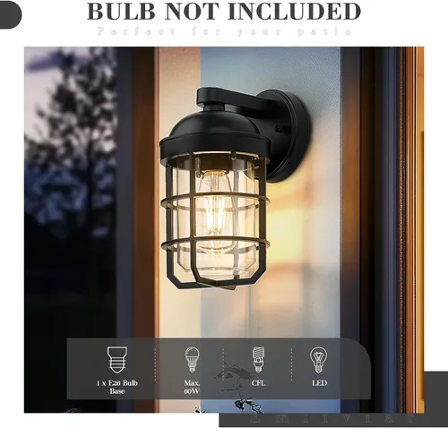 Vista 3 de Emliviar Juego de 2 lámparas de pared exteriores para porche, linterna de 11.3 pulgadas de color negro para montaje en pared con base de bombilla