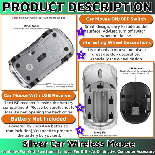 Vista 5 de Mouse inalámbrico para coche, 2.4G inalámbrico con receptor USB, mouse óptico para PC, portátil, tableta, Win XPVista7ME2000Mac OS (plateado)