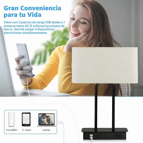 Vista 3 de Lámpara de mesa con control táctil y puertos de carga USB duales, 1 salida de CA, lámpara de mesita de noche moderna regulable de 3 vías con Crema