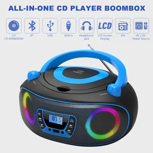 Vista 2 de Reproductor de radio portátil CD Boombox con Bluetooth, radio FM, reproducción de MP3 por USB, entrada AUX, conector para auriculares, compatible