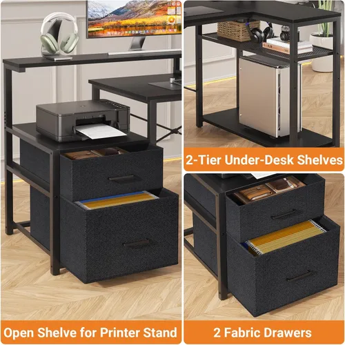 Vista 7 de Aheaplus Escritorio en forma de L con cajón de archivos, escritorio reversible en forma de L para computadora y juegos con toma de corriente