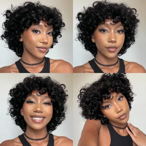 Vista 2 de Pelucas de cabello humano corto rizado Bob peluca para mujeres negras, sin encaje, peluca rizada grande con flequillo, corte pixie, pelucas Negro