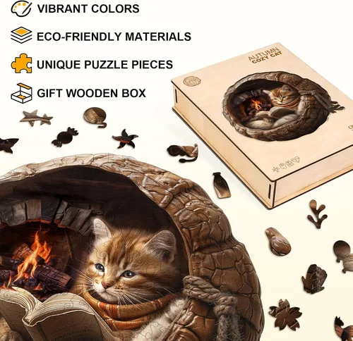 Vista 3 de Rompecabezas de madera para adultos, rompecabezas de madera de gato acogedor de otoño, rompecabezas planos con efecto visual 3D, rompecabezas únicos