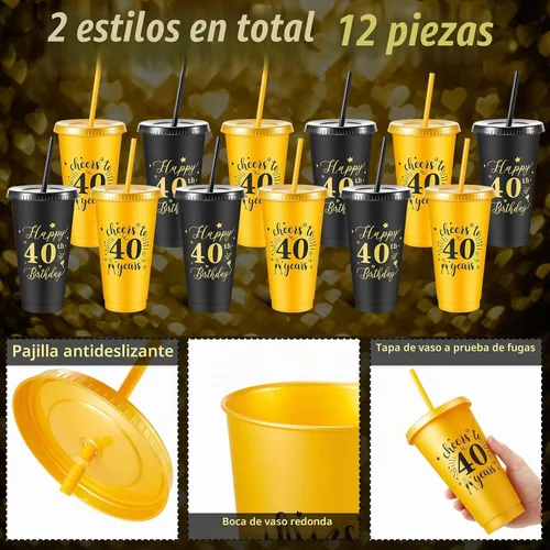 Vista 3 de Uiifan 12 vasos de plástico de plástico con tapa y popote de 24 onzas para cumpleaños, cumpleaños, bodas, aniversarios, decoración (40º)