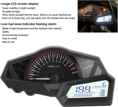 Vista 2 de Acouto Velocímetro de motocicleta para 300 6 engranajes LCD motocicleta odómetro tacómetro velocidad medidor de combustible 15000RPM 0.0-123.7 mi/h