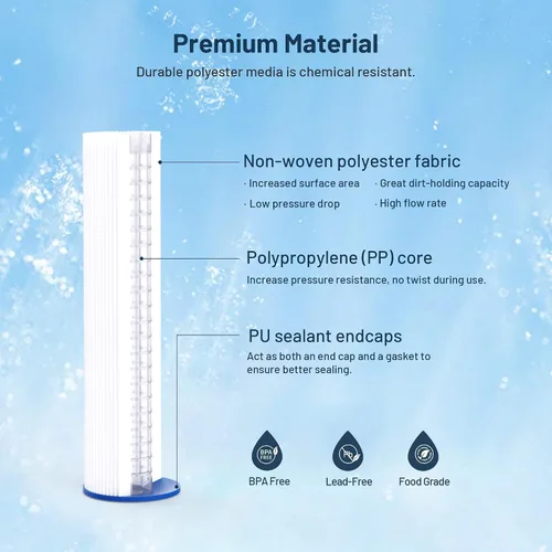 Vista 3 de Cartucho de repuesto para filtro de agua de 10 x 2.5 pulgadas, polipropileno de 20 micras y filtro de sedimento plisado de 20 micrones, paquete de 12