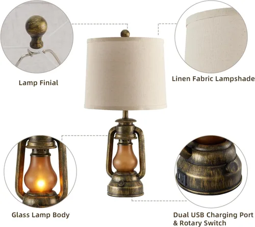 Vista 6 de Juego de 2 lámparas de mesa de linterna estilo granja para sala de estar con 2 puertos de carga USB, lámparas rústicas vintage para mesita de noche