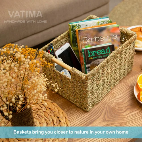 Vista 9 de Cesta de hierba marina natural con mango de madera, cesta de mimbre rectangular mediana para sala de estar, 12.2 x 8.9 x 6.7 pulgadas, paquete de 3