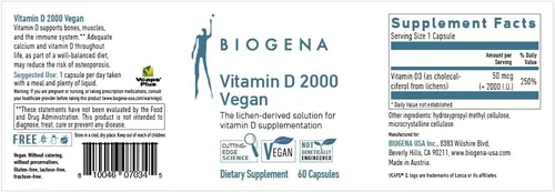 Vista 2 de Biogena Vitamina D 2000 Fórmula vegana – Suplemento de vitamina D3 solar para absorción de calcio, apoyo inmunológico – 60 cápsulas**