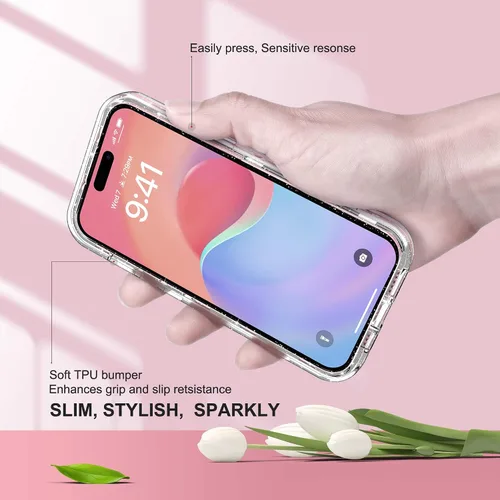 Vista 8 de ULAK Funda compatible con iPhone 15 Plus con purpurina, resistente de doble capa de protección a prueba de golpes, funda protectora transparente