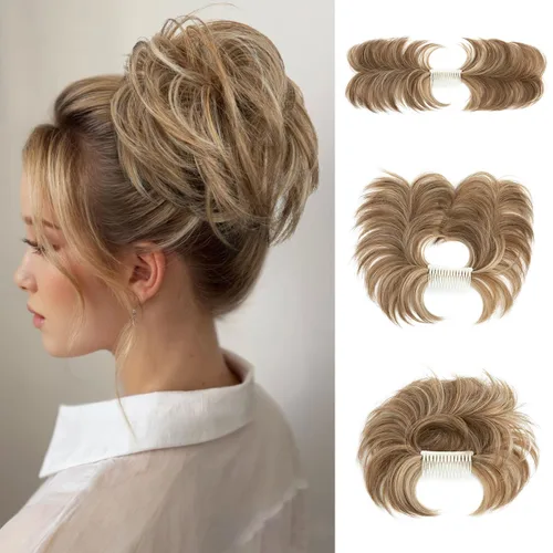 Vista 13 de Peine de moño desordenado con clip lateral para mujer, corto, natural, lacio, versátil, ajustable, fácil de peinar, (rubio ceniza-C)