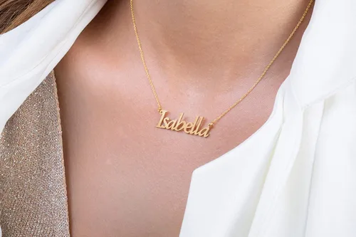Vista 2 de Elegante joyero unisex con placa de nombre en oro macizo de 9k, 14k y 18k, collar con nombre personalizado, collar con nombre cursivo personalizado