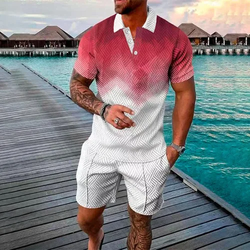 Vista 2 de Conjunto corto de 2 piezas para hombre, conjunto de verano casual, manga corta, polo y pantalones cortos, conjunto deportivo con bolsillos