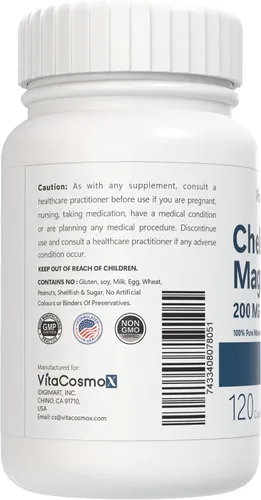 Vista 3 de Bisglicinato de magnesio quelado, 200 mg, 120 cápsulas veganas, 60 porciones, sin gluten, sin OMG y apto para vegetarianos