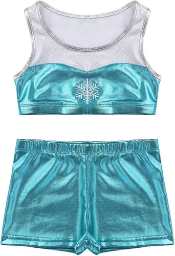 Vista 6 de iiniim Kids Girls - Conjunto de dos piezas de gimnasia, deportes y danza deportiva brillante con pantalones cortos para bailar